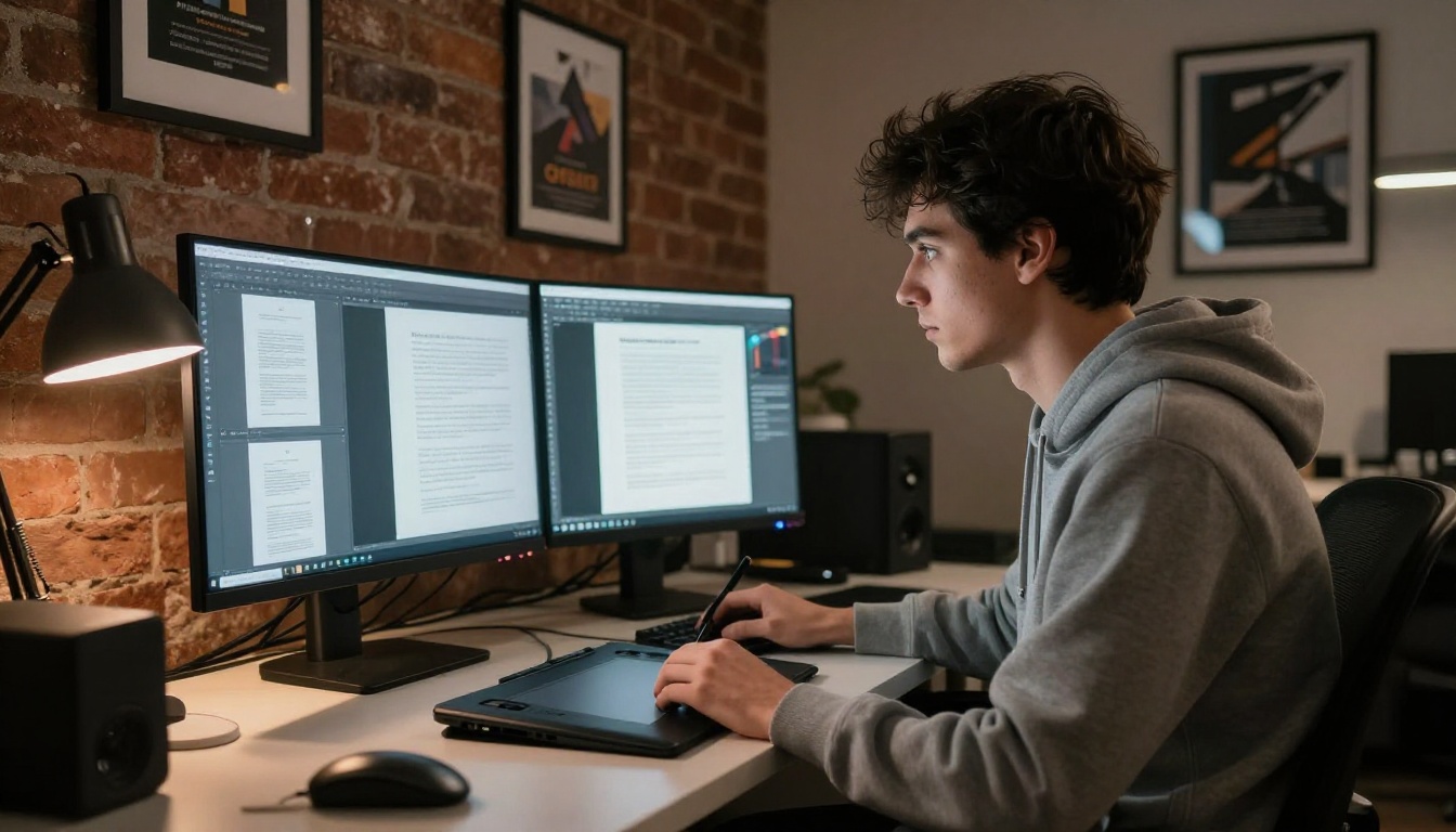 Graphic designer at a dual-monitor setup with a PDF on one screen and its interactive flipbook version on the other