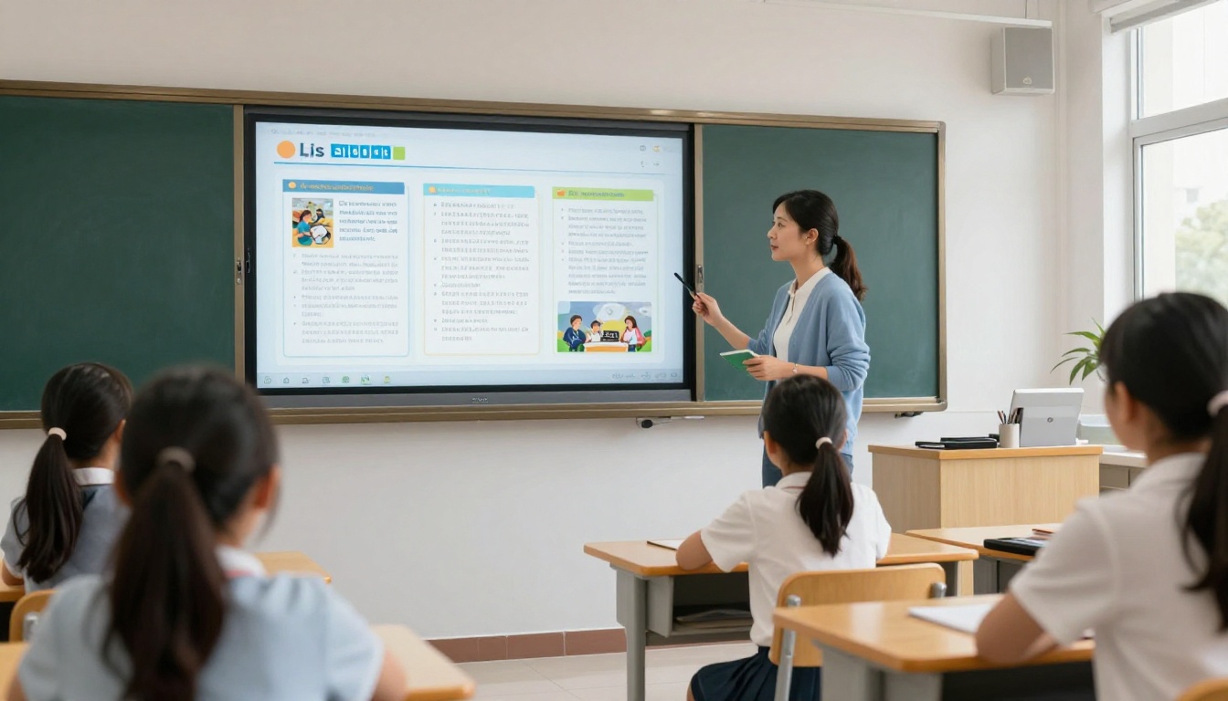 Teacher projecting a digital school newsletter flipbook on an interactive whiteboard at the front of a bright modern classroom