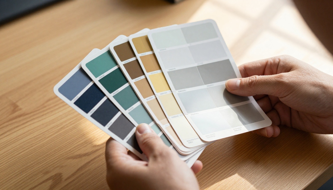 Brand color swatches and palette fan held by professional hands in warm natural light