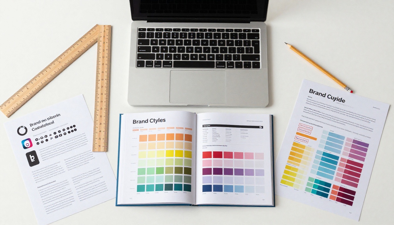 Aerial top-down view of graphic designer's desk with brand style guide, color swatches, and laptop