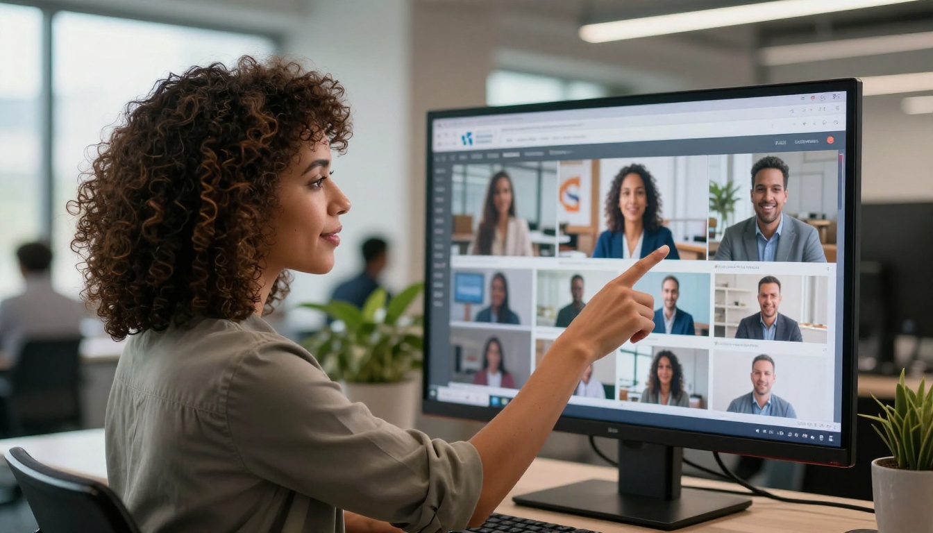 Confident woman with curly hair pointing at monitor showing digital flipbook with branded header and colors