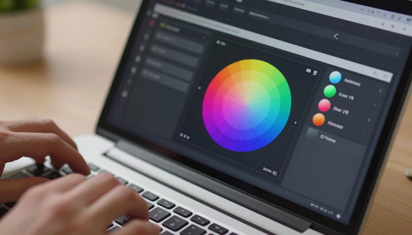 Laptop screen showing flipbook color picker interface with hex code input field and RGB color wheel
