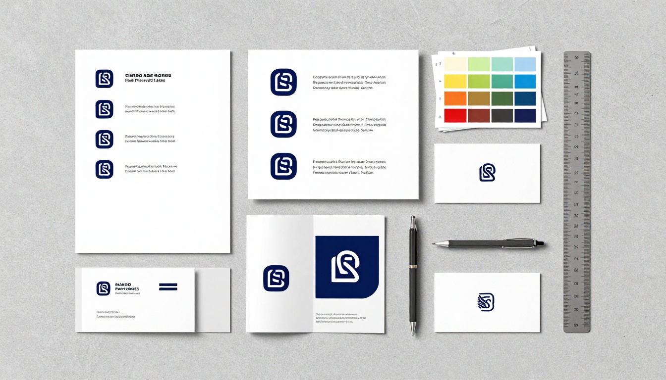 Flat lay of brand identity materials including printed logo sheets, pantone color chips, and business cards on grey concrete surface