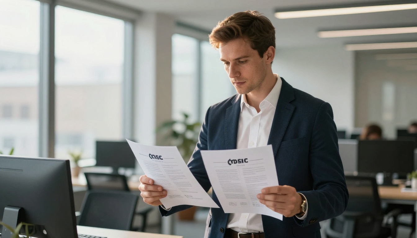 Man at standing desk comparing two printed flipbook pages side by side for logo placement review