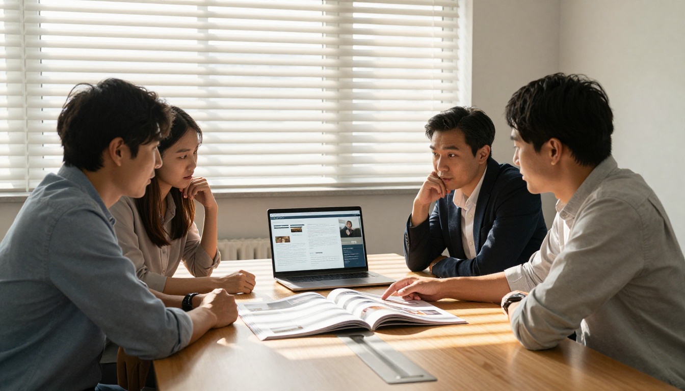 Modern branding agency conference room with three professionals reviewing large printed flipbook spread on table