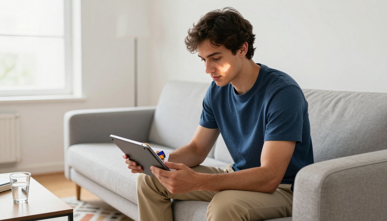 Young man relaxed on a sofa holding a tablet showing a digital flipbook with page-turn effect