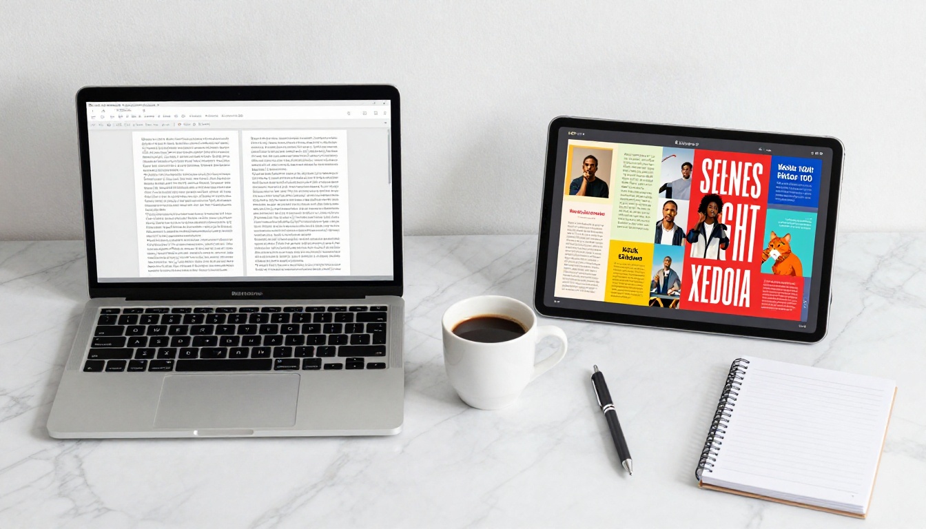 Overhead flat-lay of a laptop showing a PDF versus a tablet showing a vibrant flipbook