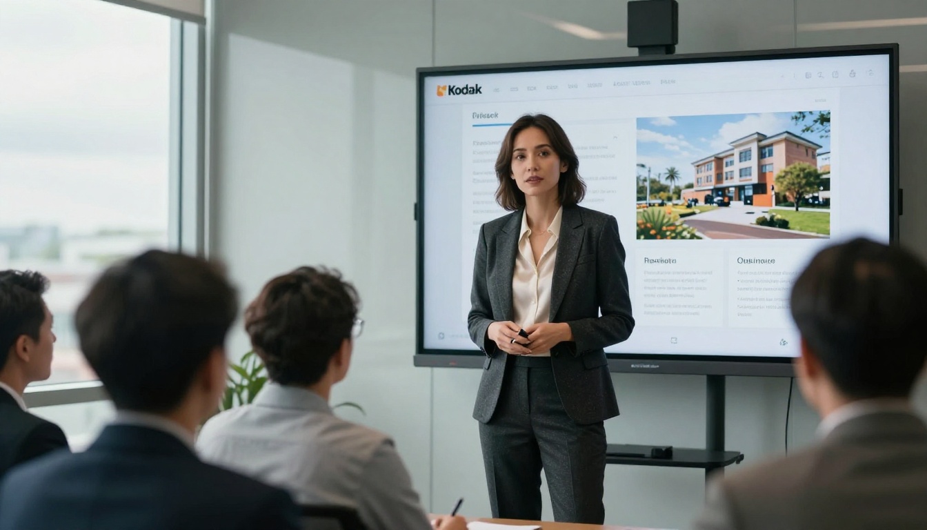 Businesswoman presenting a digital flipbook product catalog to colleagues in a modern conference room