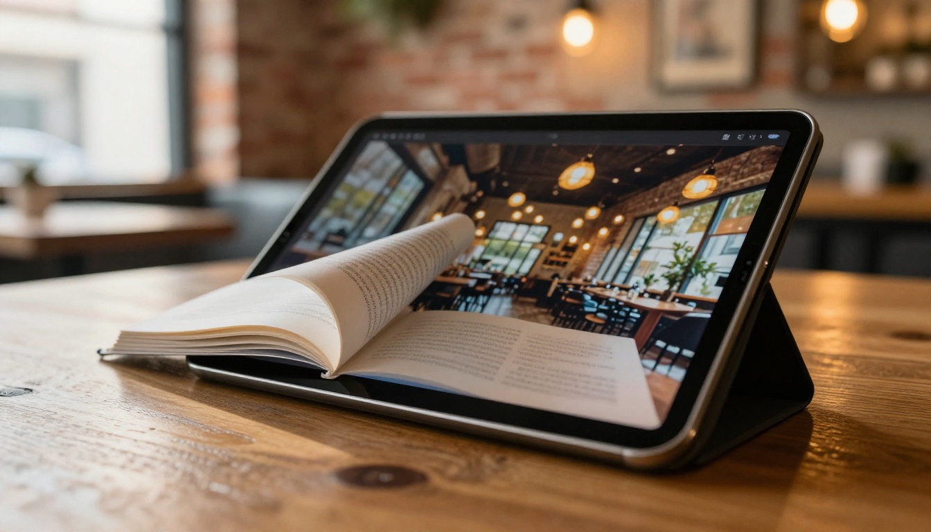 Close-up of a tablet showing a digital flipbook mid page-turn animation with realistic paper curl