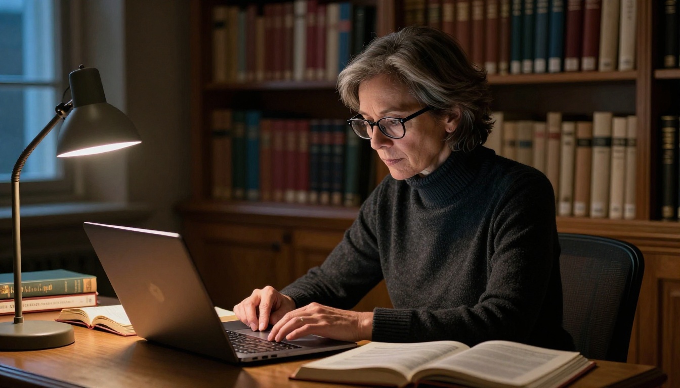 Female professor reviewing interactive flipbook course materials at a library desk