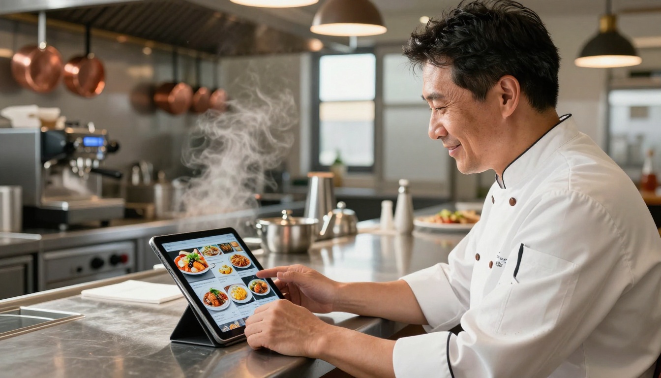 Restaurant owner reviewing a digital flipbook menu on a tablet in a professional kitchen