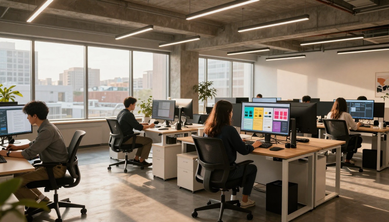 Marketing agency team working at desks with flipbook publications on screens in a modern open office