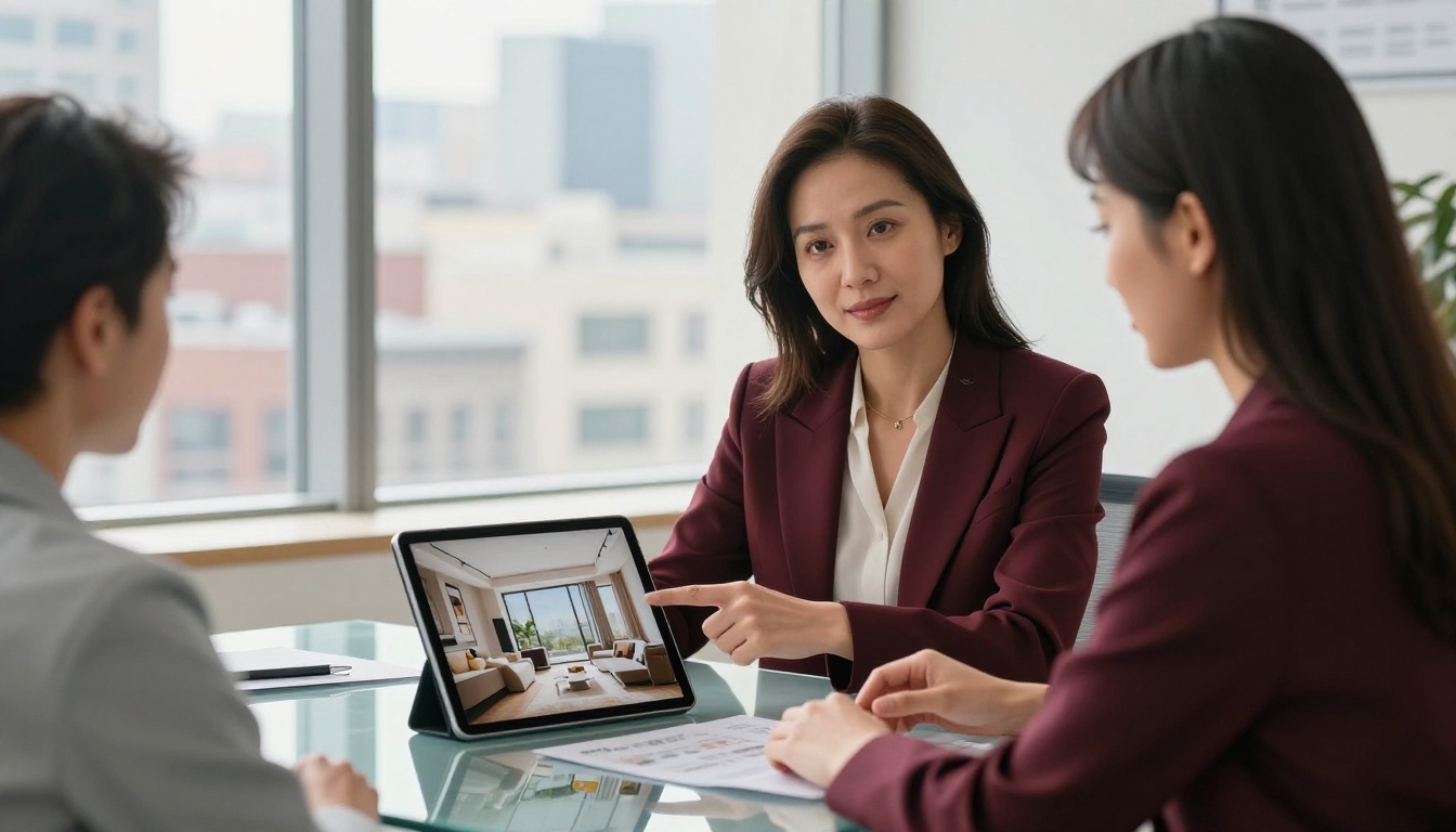 Real estate agent showing a property flipbook brochure to a couple at a glass desk in a bright office