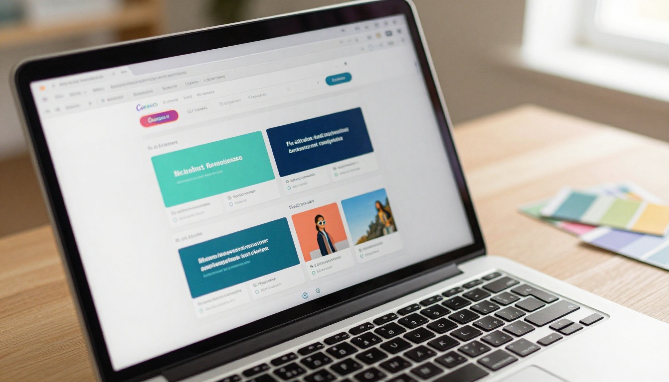 Canva design interface on laptop screen with colorful template layouts
