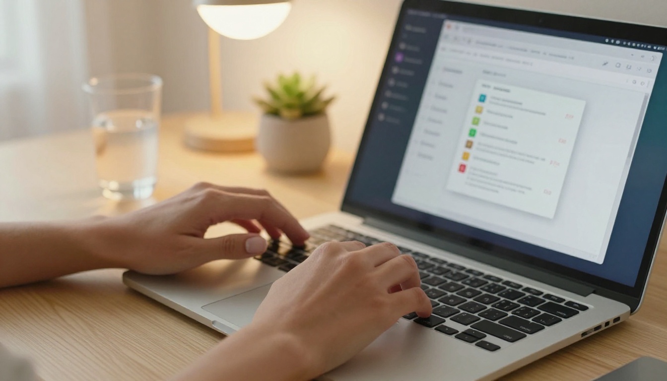 Hands hovering over laptop keyboard with PDF export dialog visible on screen