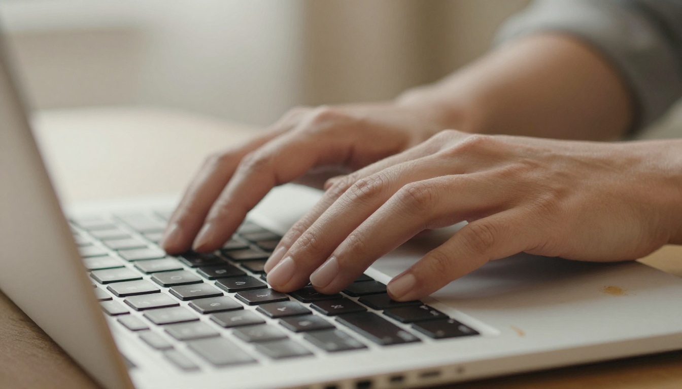 Relaxed hands on laptop keyboard in a warm home setting Relaxed hands on laptop keyboard in a warm home setting