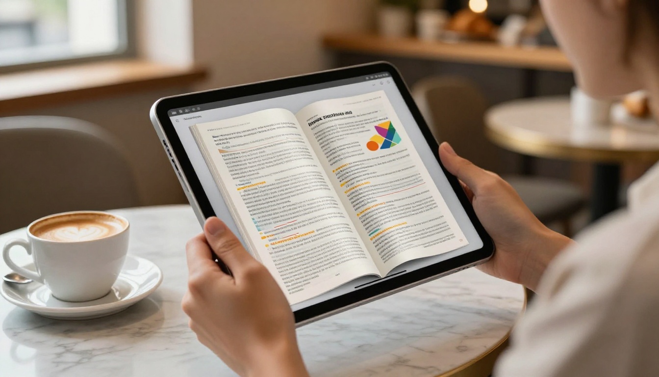 iPad held by hands showing a page-flip animation of a colorful digital publication at a marble cafe table