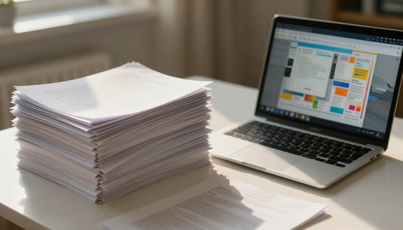 Stack of printed documents transitioning to a glowing digital flipbook on screen Stack of printed documents transitioning to a glowing digital flipbook on screen