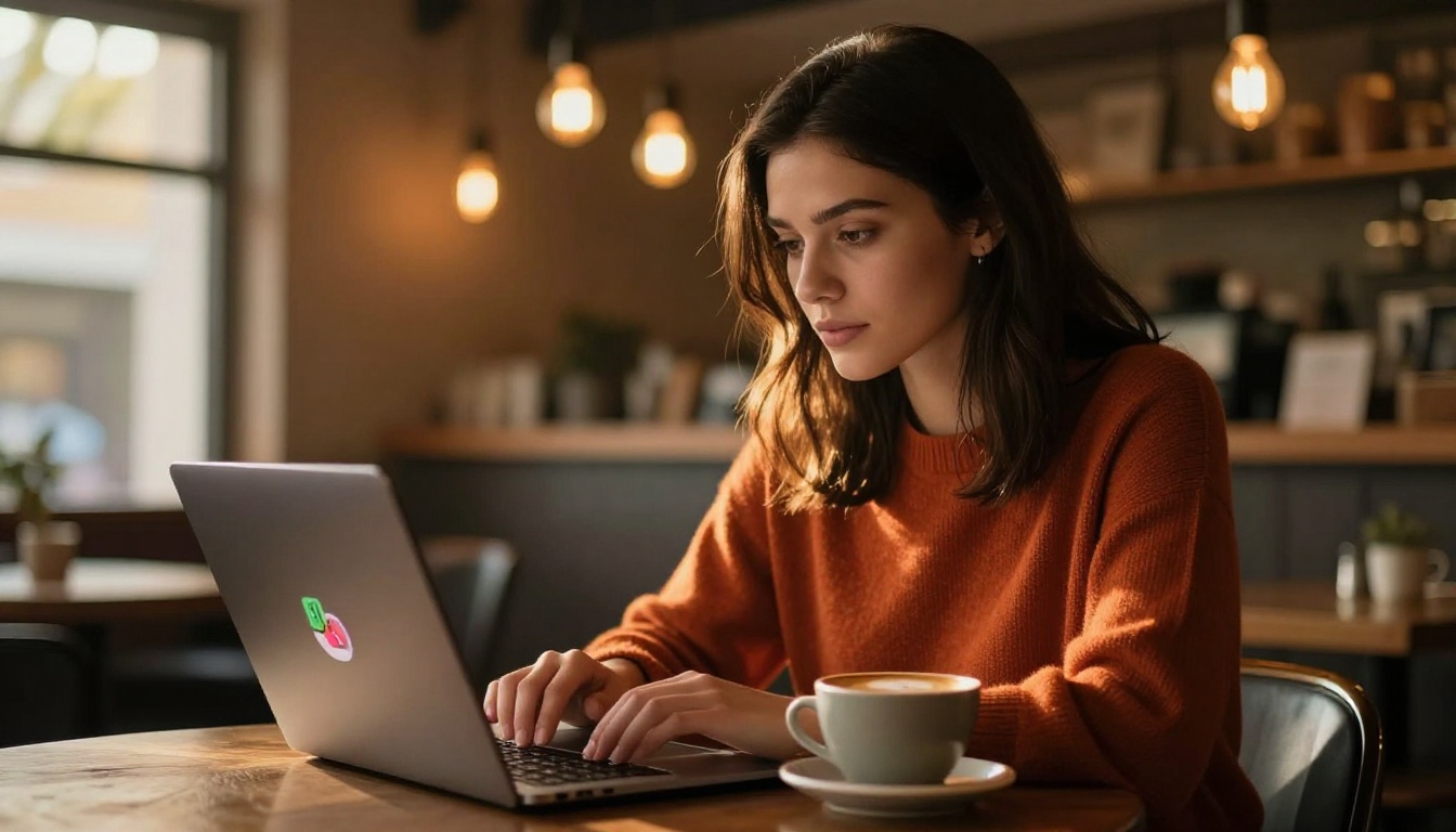 Woman at wooden cafe table focused on MacBook screen showing a digital flipbook