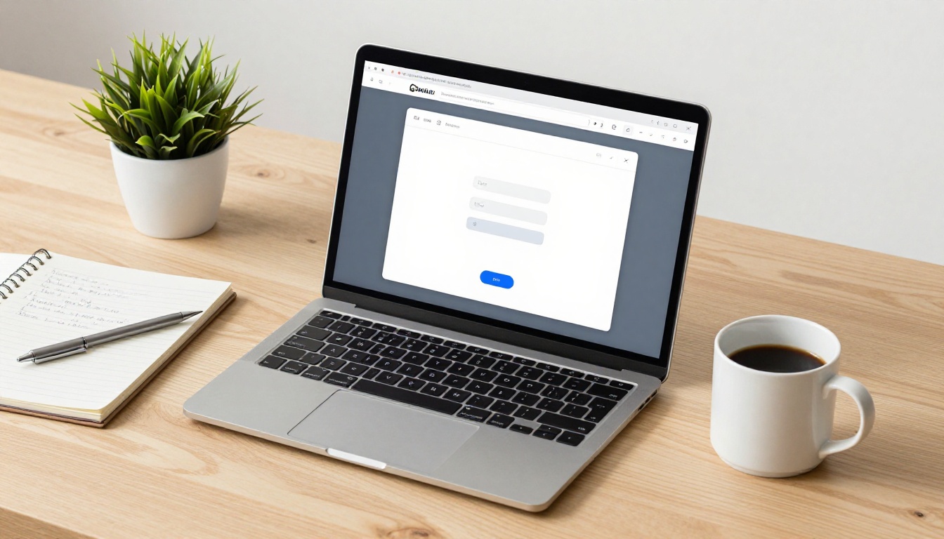 Overhead flat-lay of laptop with clean minimal interface and notebook on oak desk Overhead flat-lay of laptop with clean minimal interface and notebook on oak desk