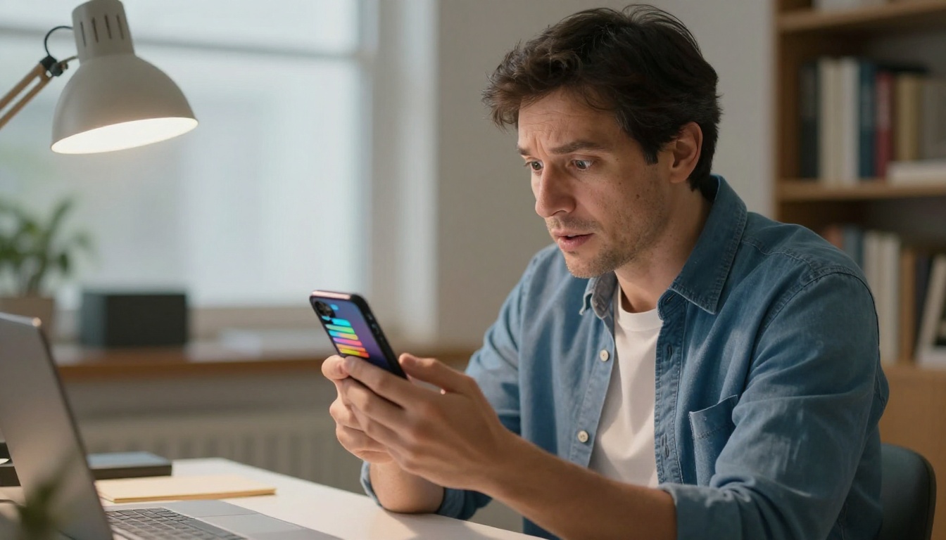 Man in casual shirt looking at a phone showing a digital flipbook with a relieved expression Man in casual shirt looking at a phone showing a digital flipbook with a relieved expression