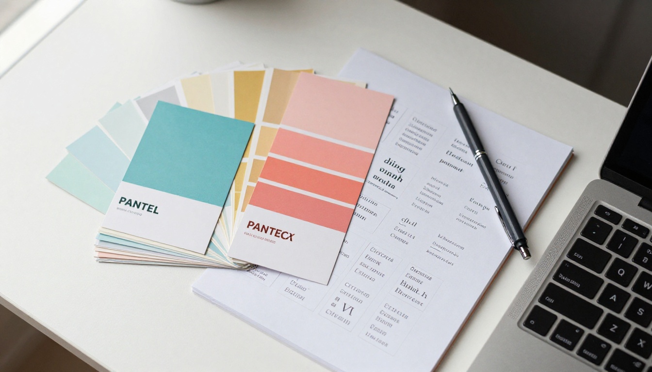 Design materials flat lay with color swatches, typography samples, and sketchbook on white desk