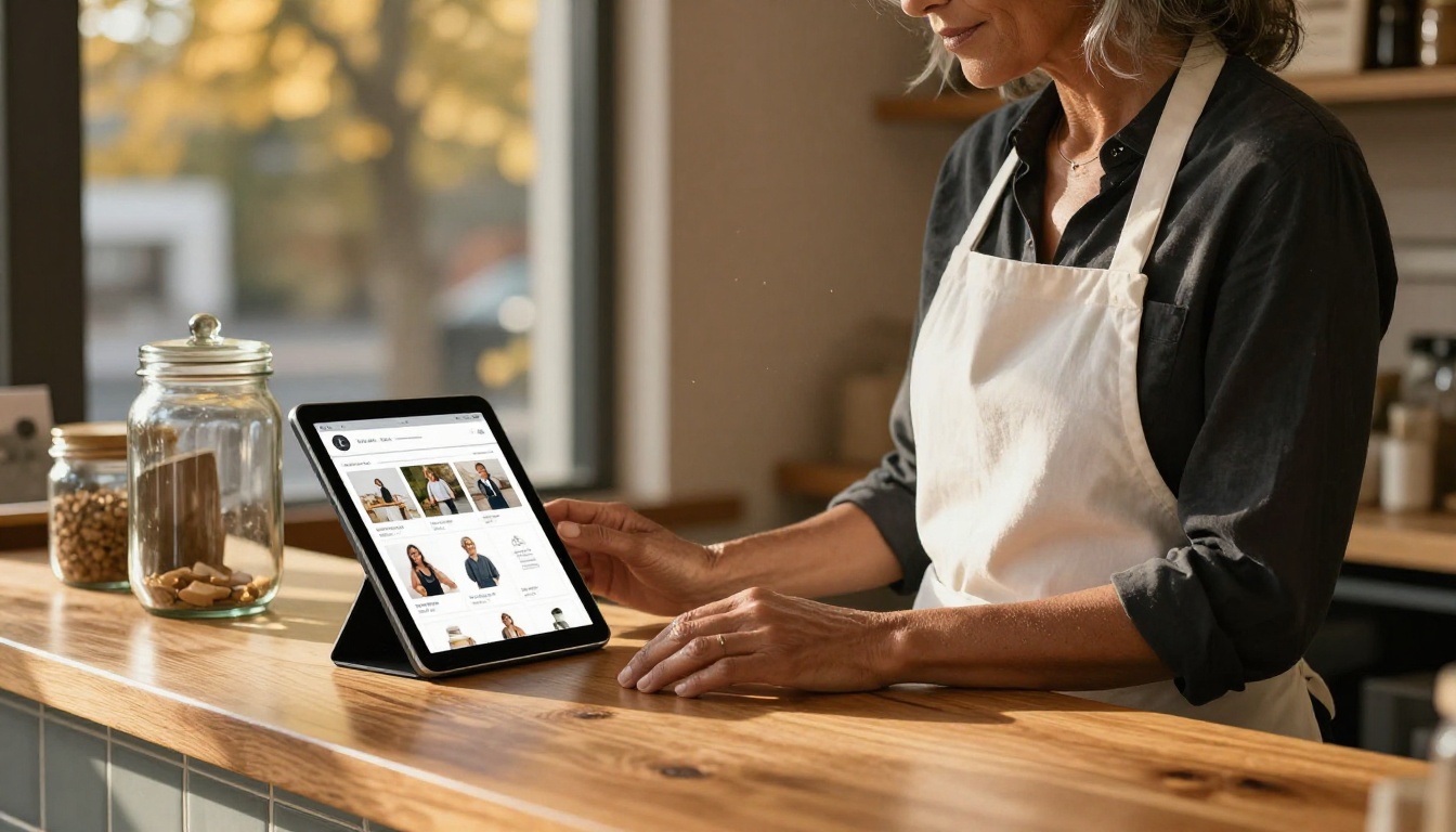 Small business owner reviewing digital catalog on a tablet at a wooden shop counter Small business owner reviewing digital catalog on a tablet at a wooden shop counter