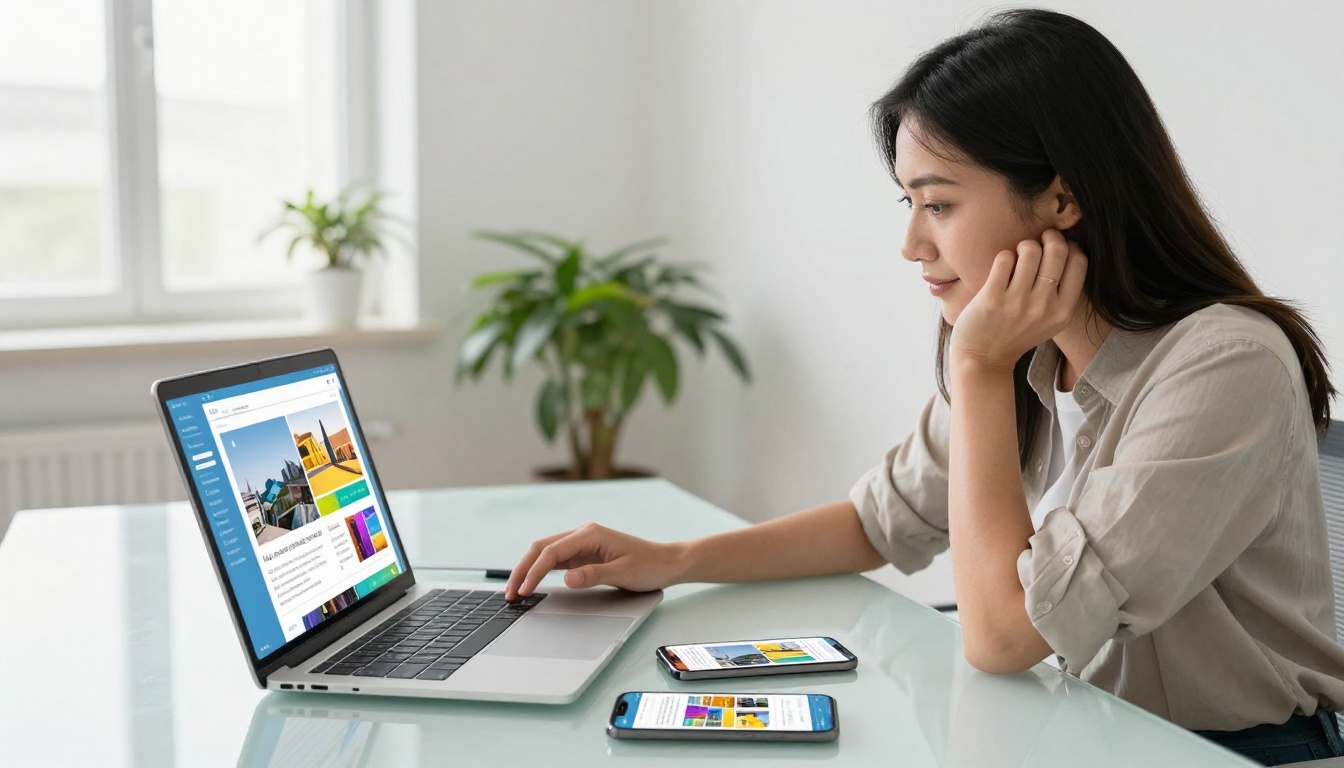 Young woman reviewing the same digital flipbook on laptop, tablet, and smartphone simultaneously on glass desk