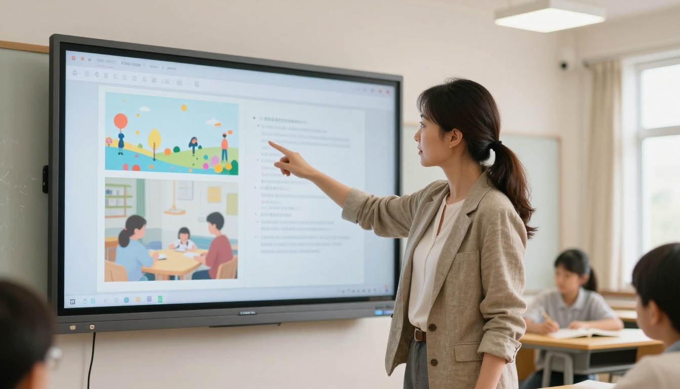Female teacher pointing at a digital flipbook on a classroom monitor Female teacher pointing at a digital flipbook on a classroom monitor
