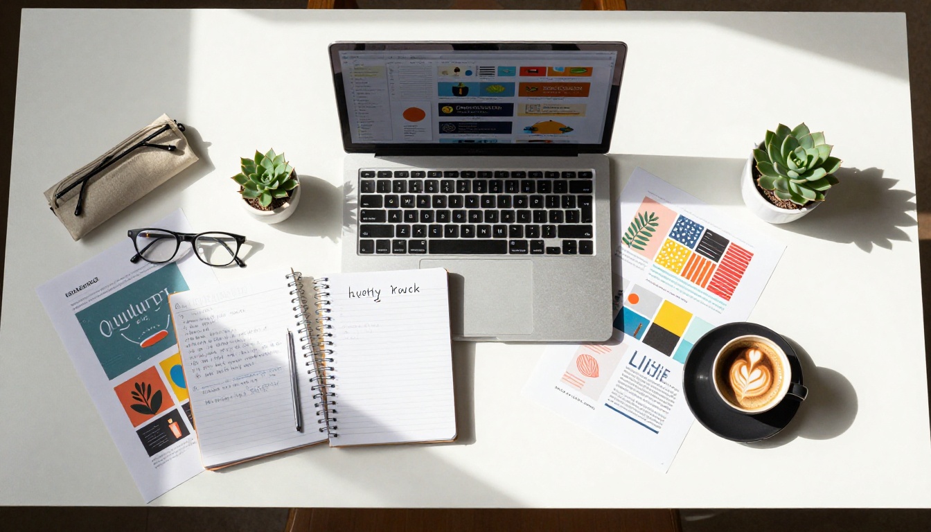 Aerial top-down view of workspace with MacBook showing flipbook, coffee, and design mockups