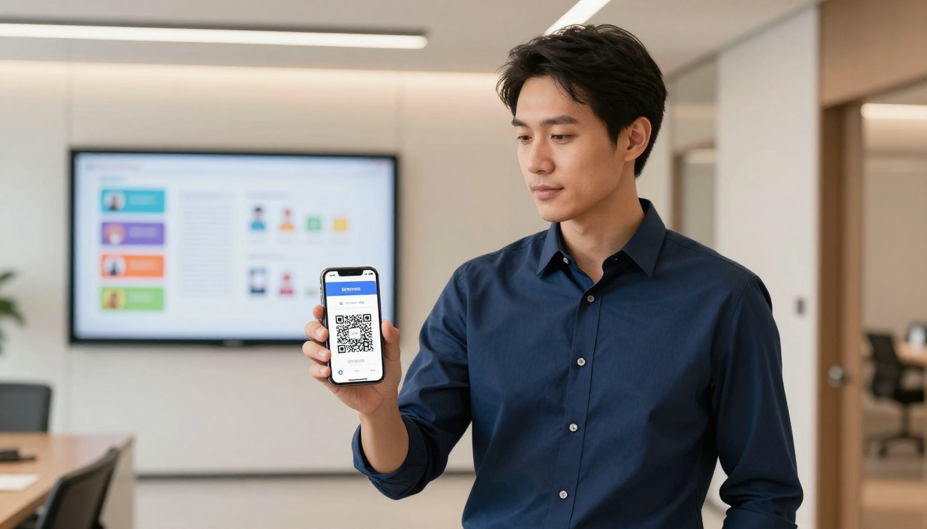 Professional man in navy shirt holding smartphone with QR code in modern office corridor