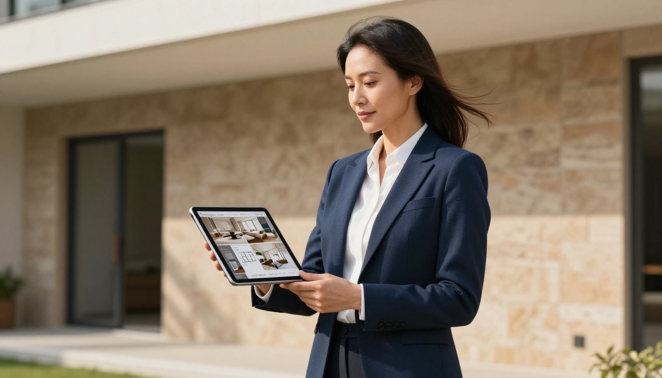 Real estate agent in navy blazer holding tablet with property brochure flipbook outside a property Real estate agent in navy blazer holding tablet with property brochure flipbook outside a property