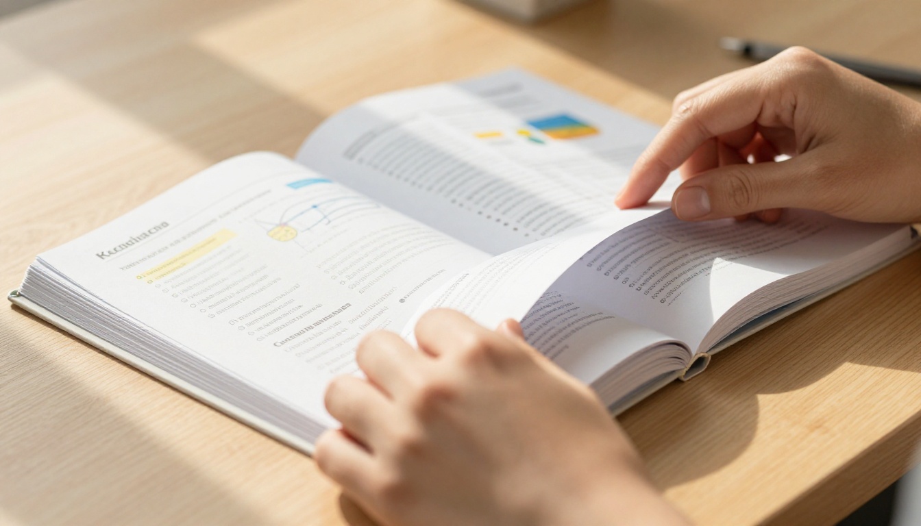 Hands turning pages of a coaching course workbook on a wooden desk