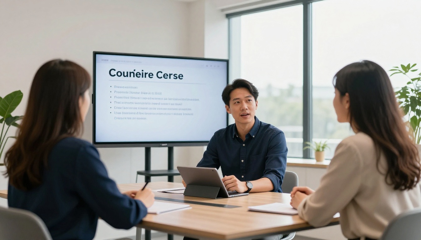 Professional coach presenting digital course content to clients at a conference table