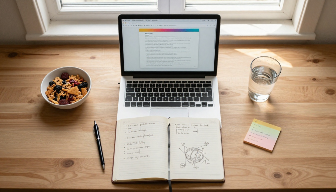 Organized coaching workspace flat lay with laptop showing course document