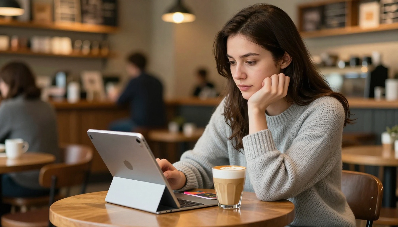 Female student engaged with digital course content on a tablet at a coffee shop
