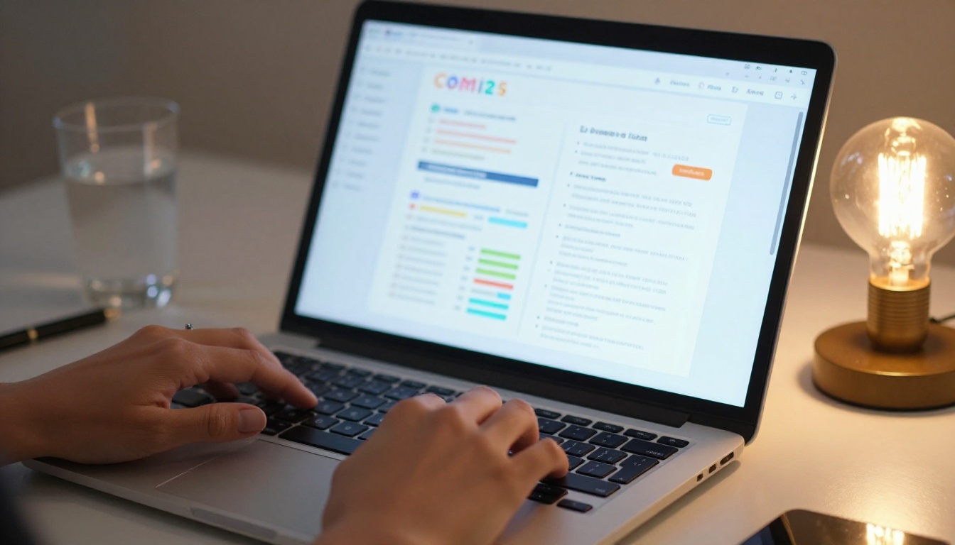 Digital course document displayed on laptop screen with hands typing