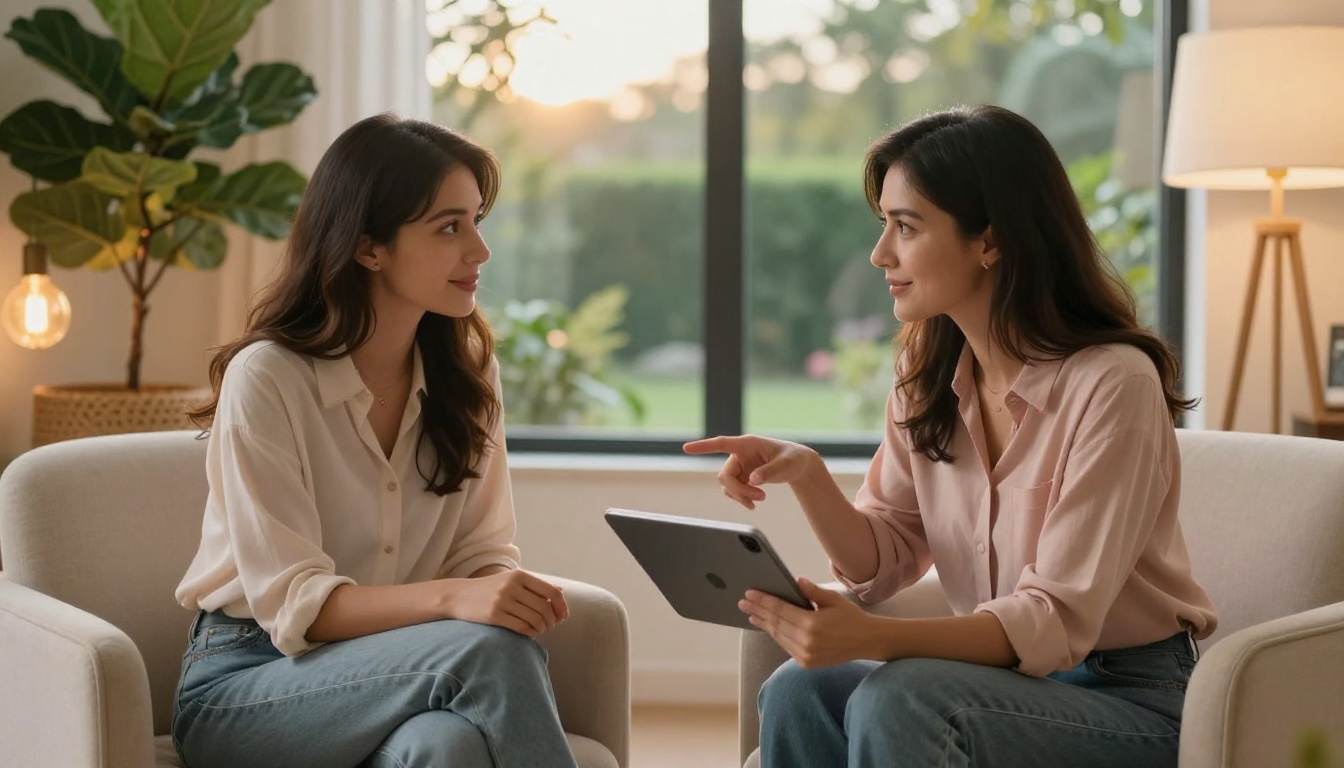 Intimate one-on-one coaching session with both parties reviewing content on a tablet