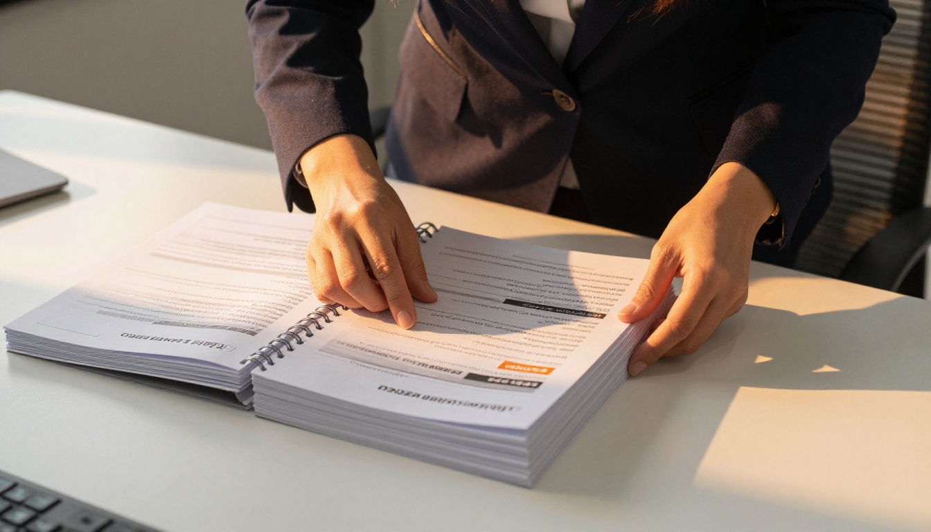 Business professional woman organizing printed course handouts on a white office desk