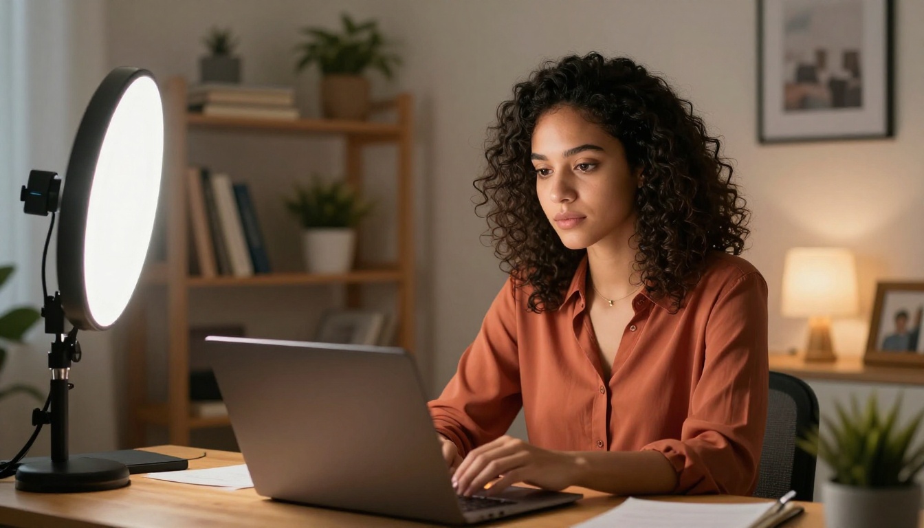 Young female online coach recording a coaching session at a home studio desk