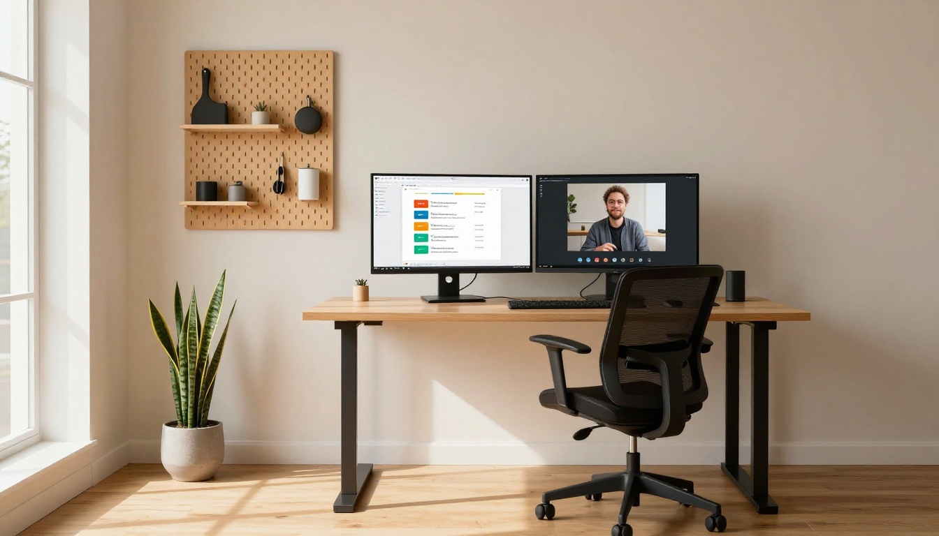 Modern dual-monitor online coaching workspace with course document and video call displayed
