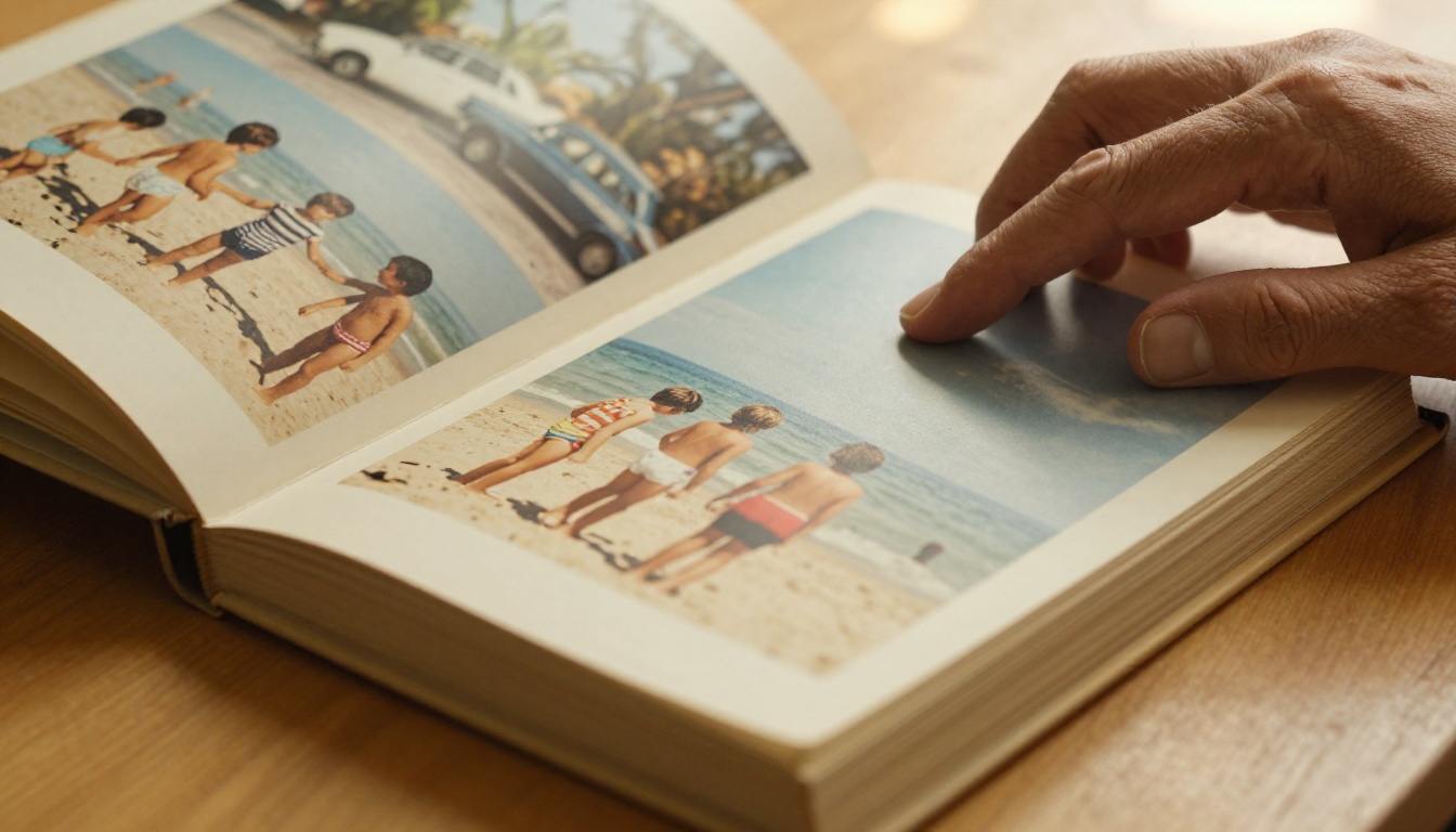 Hands slowly turning the pages of a thick printed photo album on a warm wooden surface Hands slowly turning the pages of a thick printed photo album on a warm wooden surface
