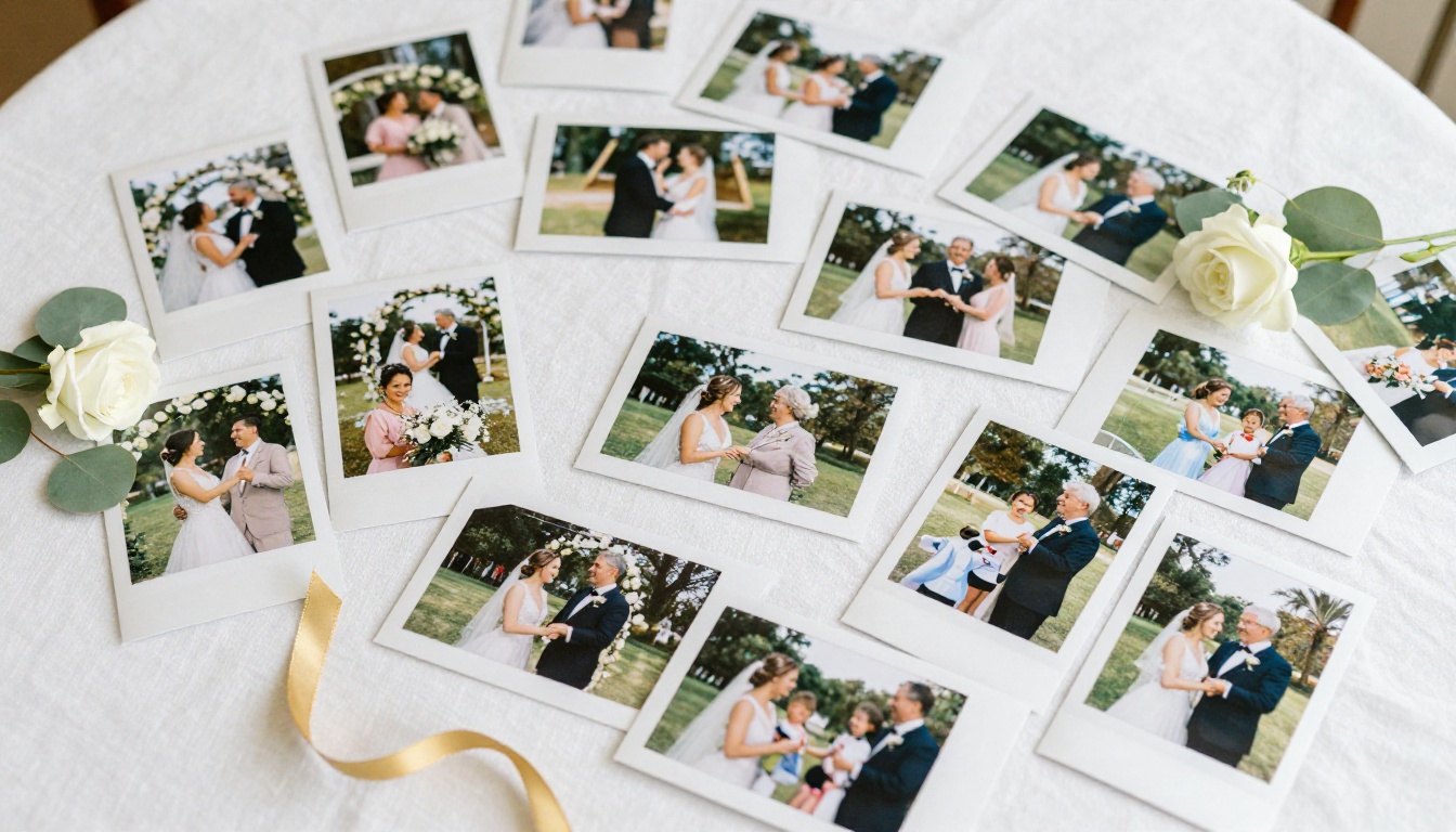 Wedding photographs spread artfully across white linen with fresh garden roses and eucalyptus Wedding photographs spread artfully across white linen with fresh garden roses and eucalyptus
