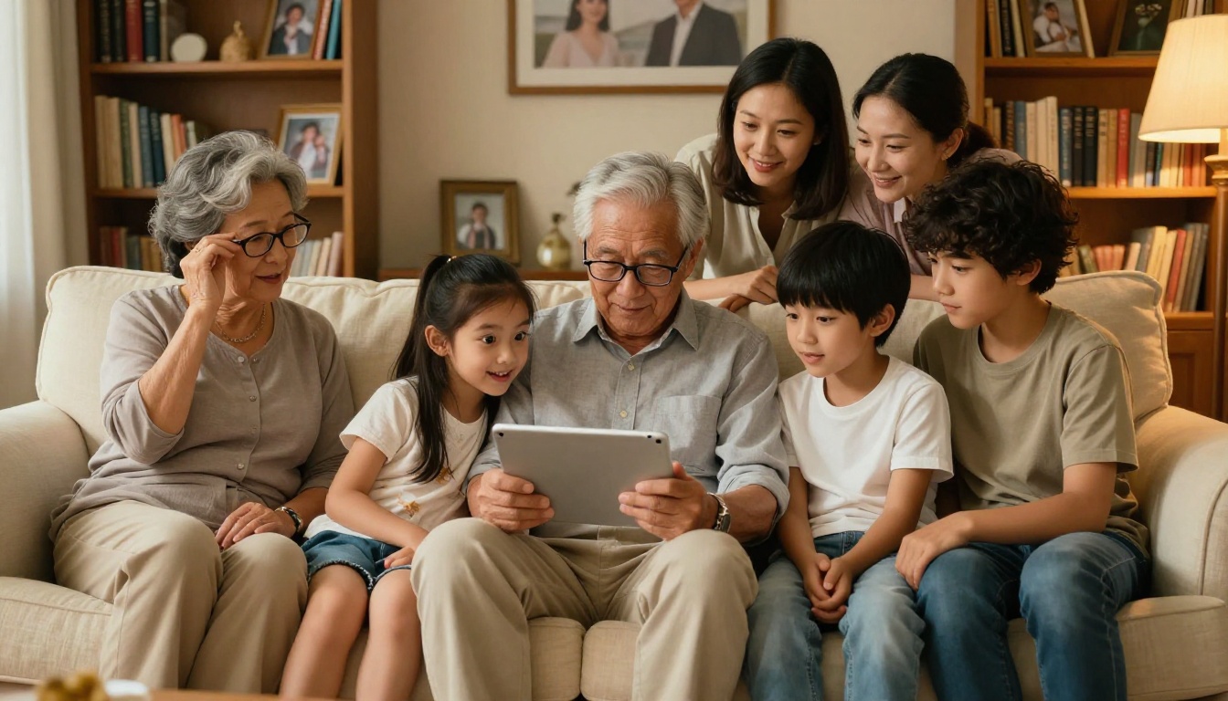 A multigenerational family on a cream sofa sharing photo memories on a silver tablet A multigenerational family on a cream sofa sharing photo memories on a silver tablet
