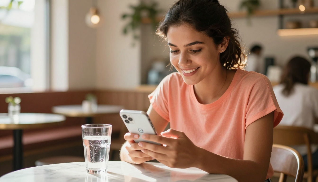 A young woman smiling at her smartphone while sharing a link at a sunny café A young woman smiling at her smartphone while sharing a link at a sunny café
