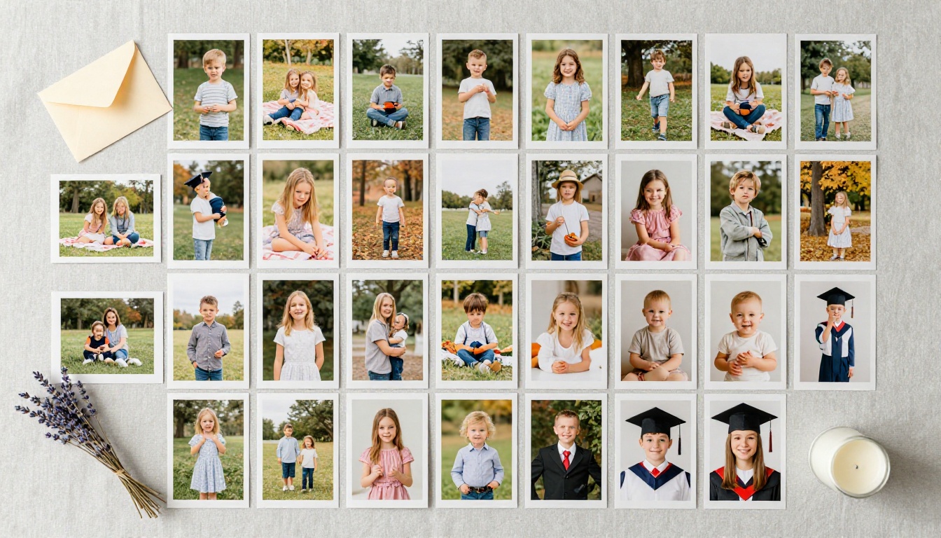 An aerial flat lay of a curated family photo collection on light grey linen with dried lavender An aerial flat lay of a curated family photo collection on light grey linen with dried lavender