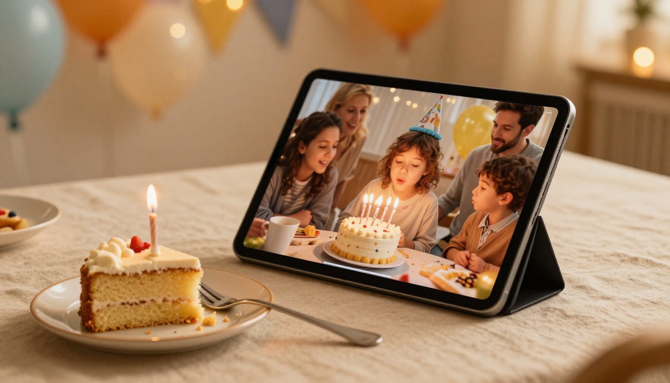 A slim tablet showing birthday party photos beside a slice of cake with warm golden bokeh A slim tablet showing birthday party photos beside a slice of cake with warm golden bokeh