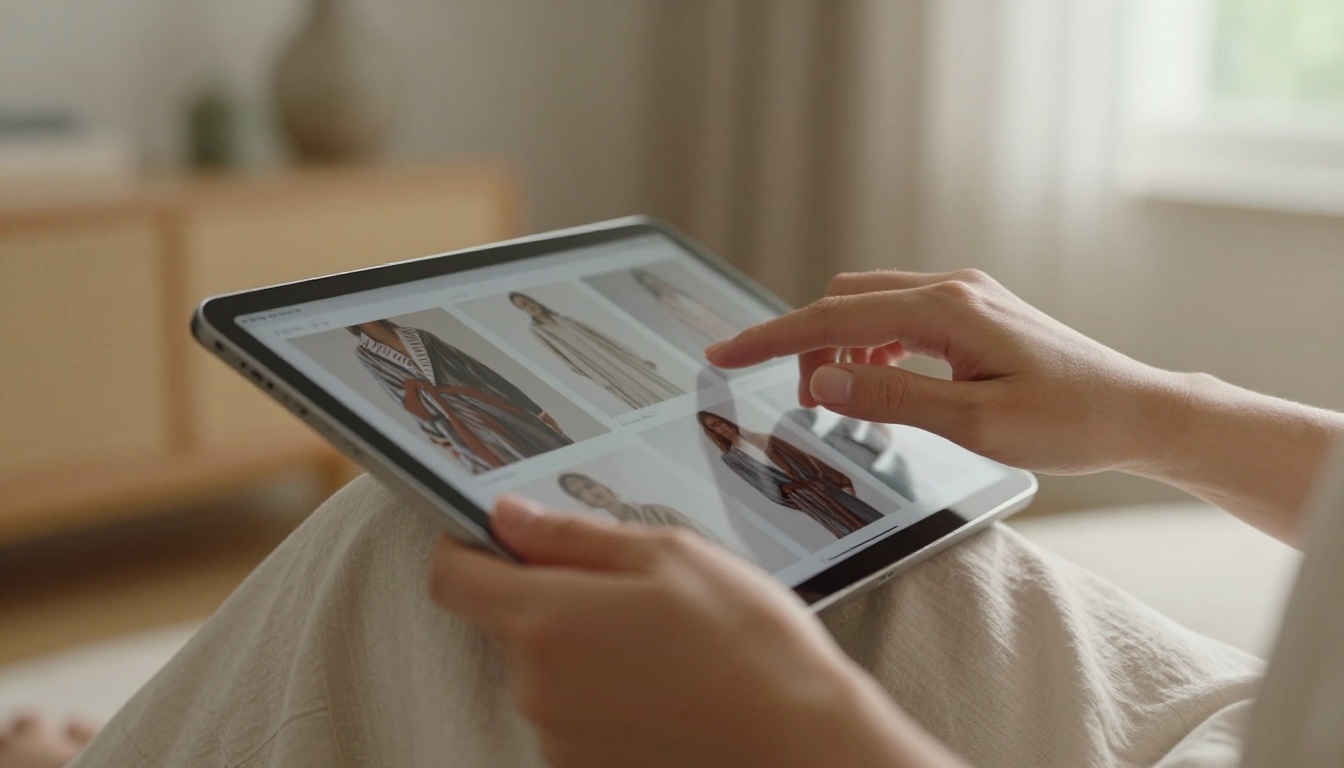 Woman scrolling through a digital fashion lookbook on a tablet