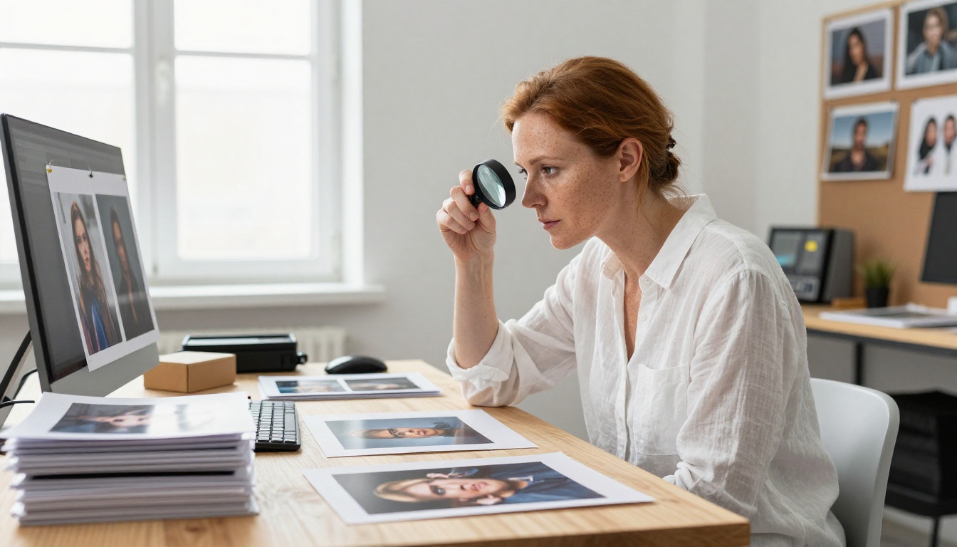 A professional female photographer in a bright studio reviewing printed photo contact sheets with a loupe A professional female photographer in a bright studio reviewing printed photo contact sheets with a loupe