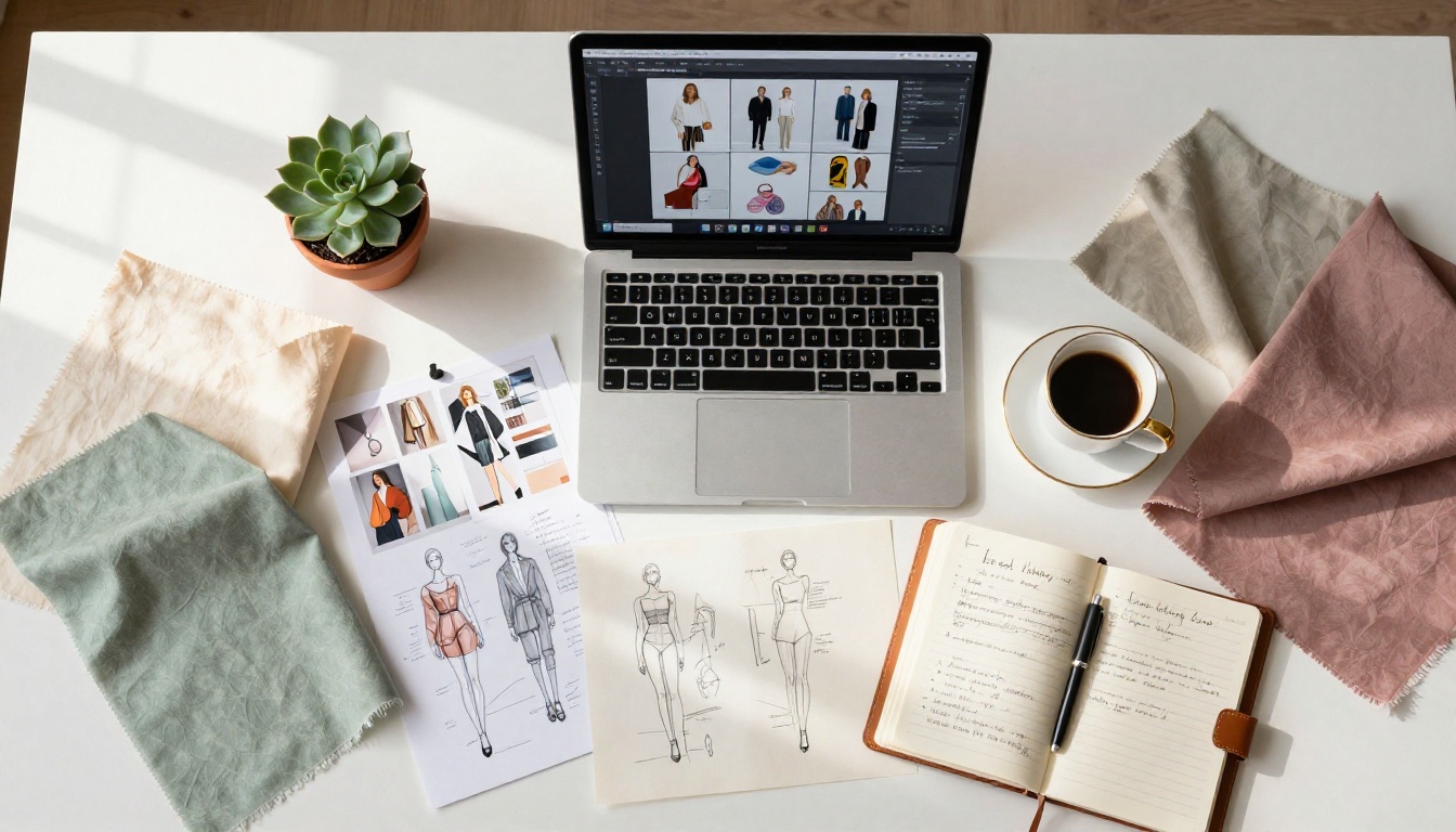 Aerial view of a fashion designer's creative workspace with fabric swatches and open laptop